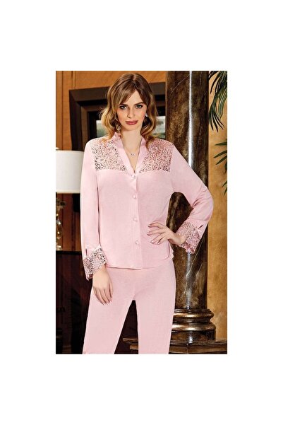 Jeremi 561 Set cămașă de noapte scurtă din șase piese din dantelă din bumbac pieptănat zestre - pudră