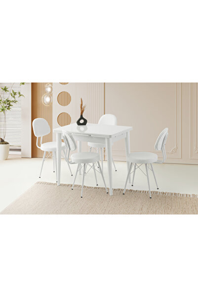 Viento Mobilya Arda Beyaz Renk Açılır 90X60 Masa 4 Kişilik Suni Deri Metal Ec...