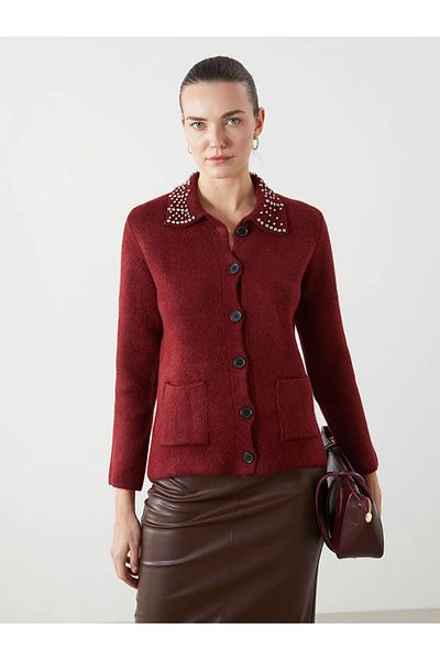 LC Waikiki Lcwaikiki Classic Burgundy Polo Collar Stone Women's Knitwear Cardigan