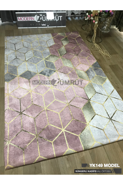 Zümrüt Ev Tekstil Lastikli Süngerli Kaymaz Halı Örtüsü Dekoratif Desen Rose P...