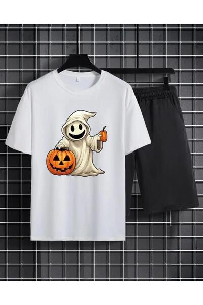 caddekombin Set de pantaloni scurti cu imprimeu Ghost, cu picioare largi, con...