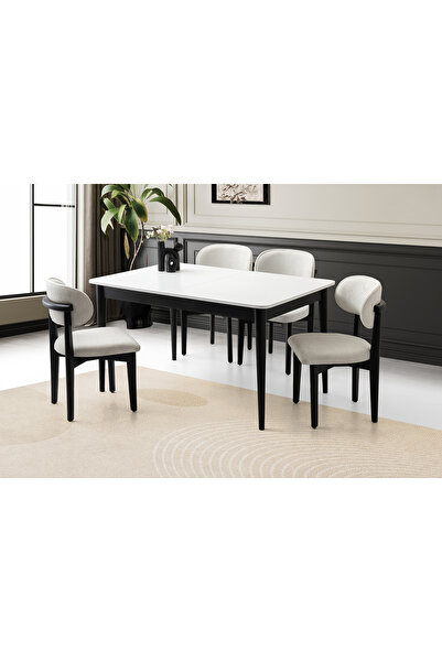 Viento Mobilya Fidan Beyaz Siyah Etek Açılır 140X90 Masa 6 Kişilik Bukle Kuma...
