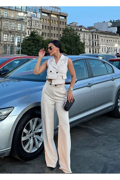 pembekurdelem Stone Color Asymmetrical Women's Vest and Trousers Set