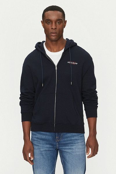 Guess Men's Beige Cotton Hooded Navy Blue Tracksuit Top