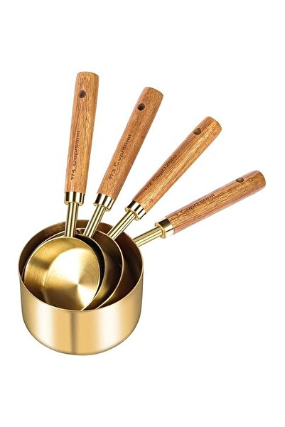 Duffa 4 Pieces Large Size Stainless Steel Measuring Cup Set - Wooden Handle, 60ml 80ml 125ml 250ml