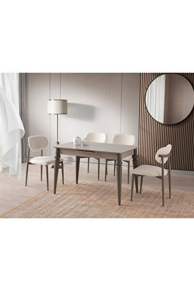 Viento Mobilya Venüs Cappucino Highgloss Açılır 120X80 Masa Liza 4 Kişilik Krem Bukle Kumaş Sandalye Masa Takımı