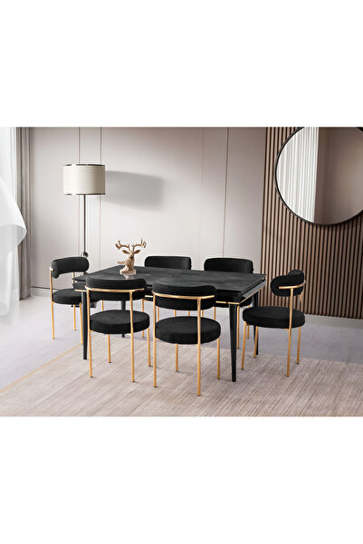 Viento Mobilya Roma İrony Highgloss Açılır 155X90 Masa Vera 6 Kişilik Siyah B...