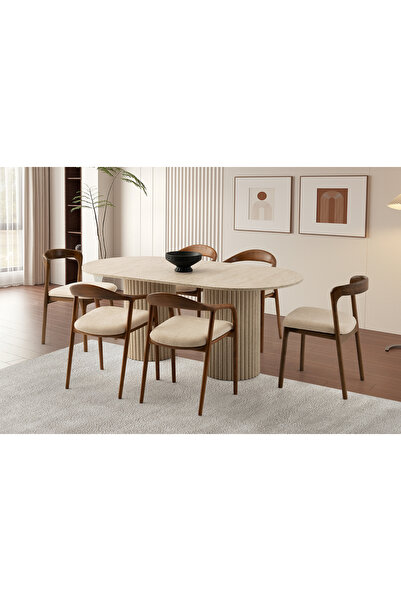 Viento Mobilya Pamukkale Sidon Sabit 180X90 Masa 6 Kişilik Bukle Kumaş Ahşap ...