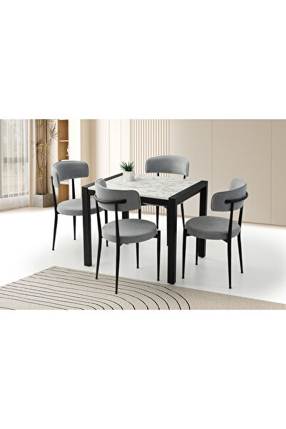 Viento Mobilya Tuğra Beyaz Mermer Desen Açılır 80X70 Masa 4 Kişilik Bukle Kum...