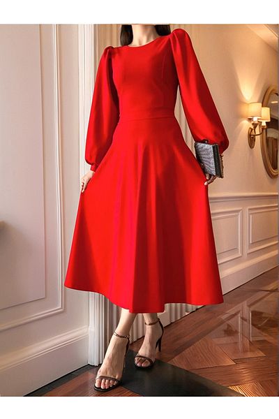 Trendusfashion Women's Crepe Fabric Balloon Sleeve Midi Length Dress