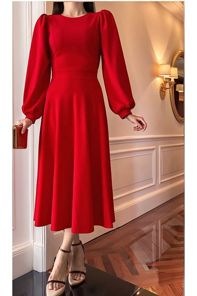 Trendusfashion Women's Crepe Fabric Balloon Sleeve Midi Length Dress