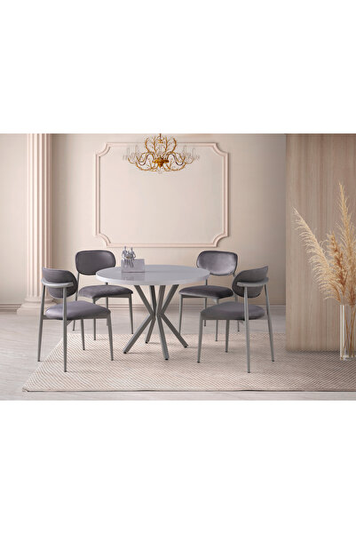 Viento Mobilya Bohem Sis Gri Highgloss Yuvarlak 104X104 Masa Liza 4 Kişilik G...