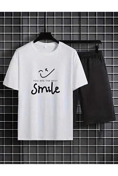 caddekombin Smiley Text Printed Comfortable Black and White T-Shirt Set - Sho...