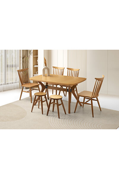 Viento Mobilya Rüya Naturel Renk Sabit 130X80 Masa 6 Kişilik Naturel Ahşap Diva Sandalye Ve Tabure Masa Takımı