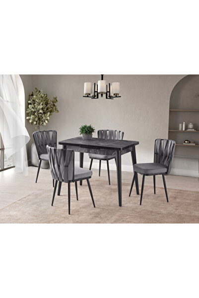 Viento Mobilya Polo Siyah Mermer Desen Açılır 100X60 Masa Örgü Ay 4 Kişilik G...