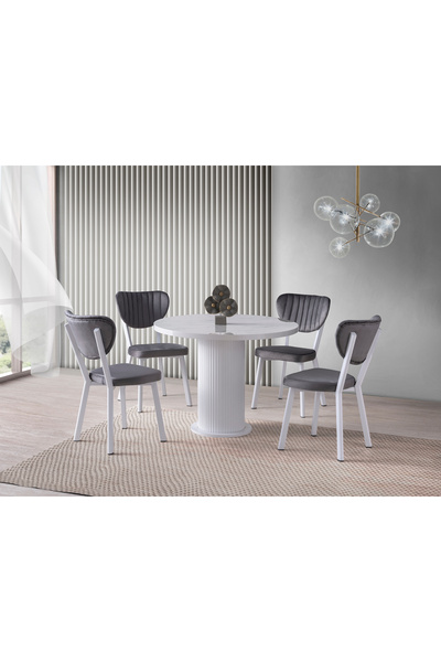 Viento Mobilya Bohem Marmo Highgloss Yuvarlak 104X104 Masa Elma 4 Kişilik Gri...
