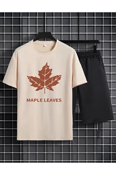 caddekombin Set de pantaloni scurti cu imprimeu cu frunze de platane, cu pici...