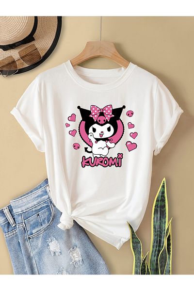 Let's Wear Tricou cu decolteu rotund cu imprimeu Kuromi cu text roz pentru fete