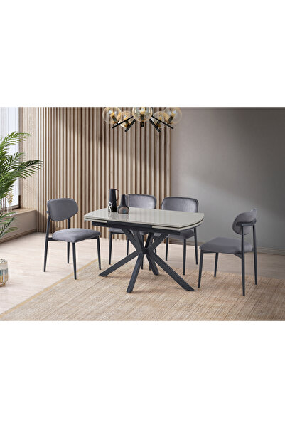 Viento Mobilya Anka Sis Gri Highgloss Açılır 120X80 Masa Liza 6 Kişilik Gri B...
