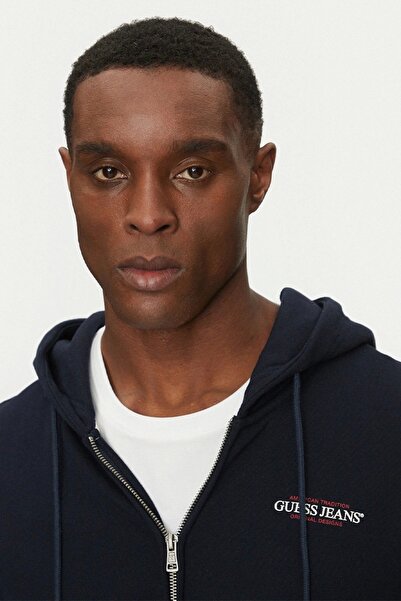 Guess Erkek Bej Pamuklu Kapüşonlu Lacivert Eşofman Üstü