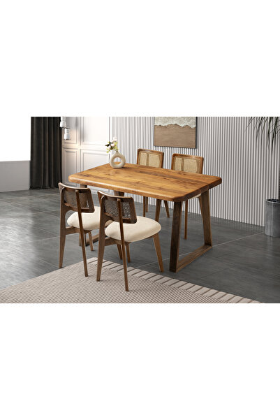 Viento Mobilya Ahşap Ceviz Sabit 140X80 Masa 6 Kişilik Bukle Kumaş Ceviz Kuze...