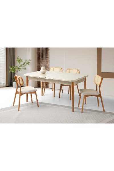 Viento Mobilya Kelebek Kütük Aytaşı Açılır 160x90 Masa 4 Kişilik Pufy Kumaş A...