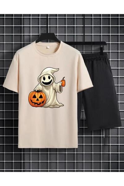 caddekombin Set de pantaloni scurti cu imprimeu Ghost, cu picioare largi, con...