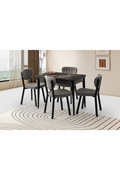 Viento Mobilya Gonca Kaşıklıklı Siyah Mermer Açılır 100X65 Masa 4 Adet Bukle ...
