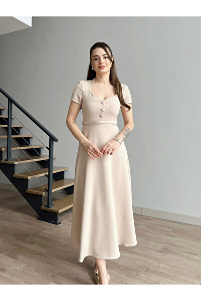 Afiş Butik Μπεζ φόρεμα με κουμπιά με κουμπιά