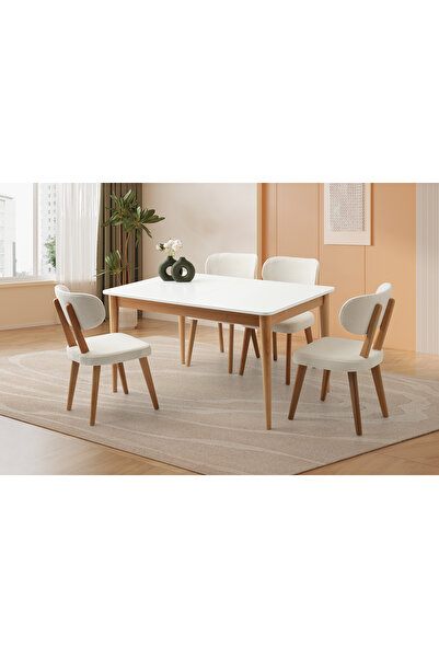 Viento Mobilya Fidan Beyaz Naturel Etek Açılır 140X90 Masa 6 Kişilik Bukle Ku...