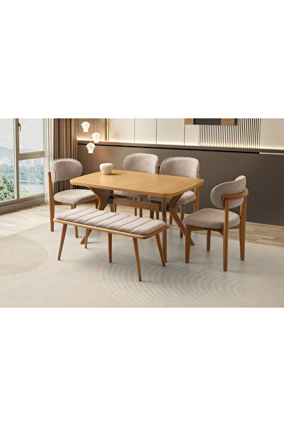 Viento Mobilya Rüya Naturel Renk Sabit 130X80 Masa 6 Kişilik Bukle Kumaş Ahşa...