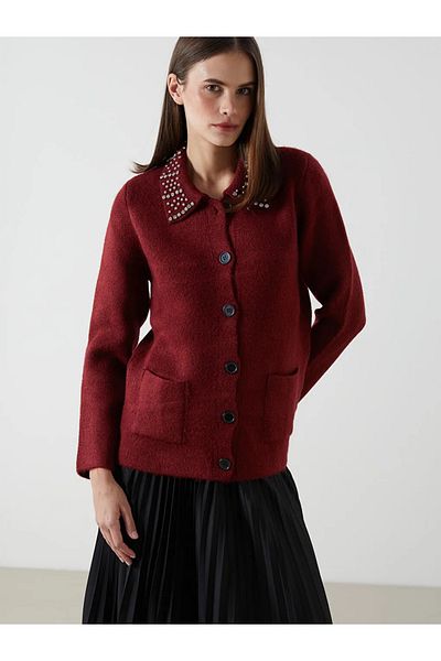 LC Waikiki Lcwaikiki Classic Burgundy Polo Collar Stone Women's Knitwear Cardigan