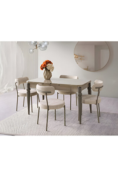 Viento Mobilya Kaşıklıklı Kelebek Cappucino HG Açılır 135X80 Masa Vera 6 Kişilik Vizon Bukle Sandalye Masa Takımı