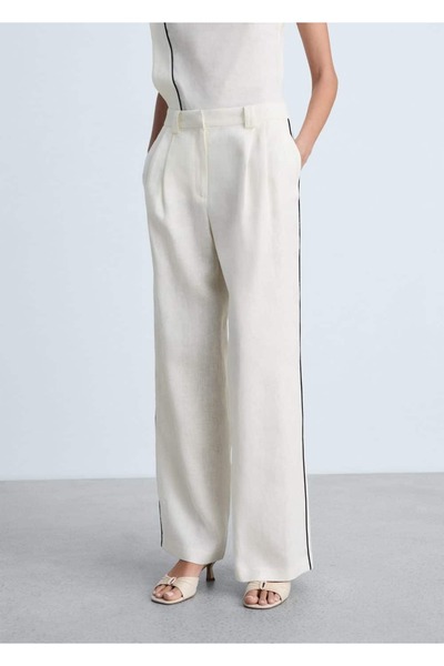 MANGO Woman Kontrast çizgili keten pantolon