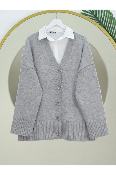 Modamorfo Gray Oversize Knitwear Cardigan - Buttoned