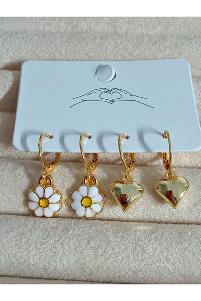 mos&more 2 Çift Papatya Kalp  Çocuk Küpe