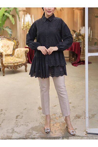 Modamorfo Pearl Button Shirt with Ruffle and Scallop Detail -Black