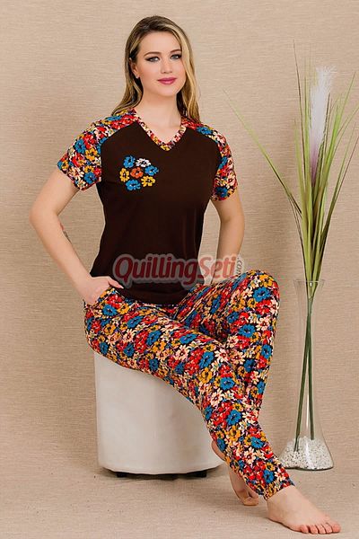 quilling Дамски пижамен комплект с къс ръкав, кафяв и флорален мотив, 12487