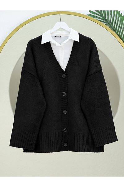 Modamorfo Buttoned Oversize Knitwear Cardigan -Black