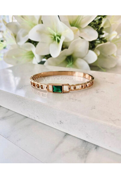 Lilyum Aksesuar Yeşil Baget Taş Detaylı Rose Bakır Renk Çelik Kelepçe Bilezik...