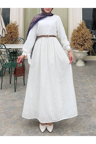 Modamorfo Rochie cu dantelă cu bretele elastice în talie (FĂRĂ CUREA) -albă