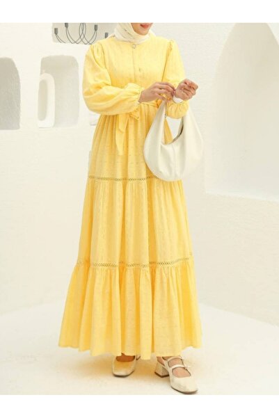 Modamorfo Ruffled Lace Stripe Detail Dress with Skirt -Yellow