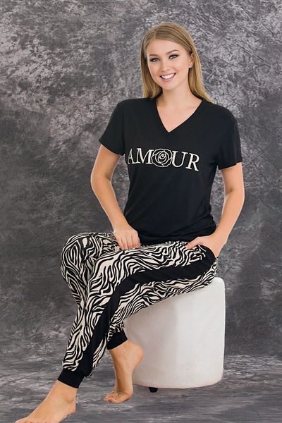quilling Culoare neagră și model zebră Lady 12551 Bumbac Mânecă scurtă Set de pijamale de preferință pentru femei