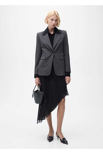 MANGO Woman Straight Cut Micro Houndstooth Patterned Blazer Jacket
