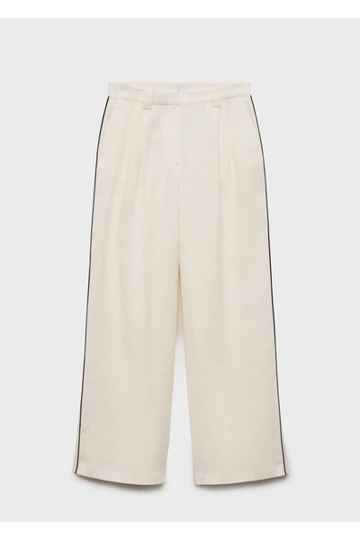 MANGO Woman Kontrast çizgili keten pantolon