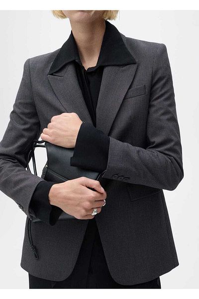 MANGO Woman Straight Cut Micro Houndstooth Patterned Blazer Jacket