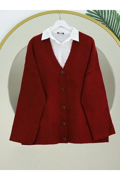 Modamorfo Buttoned Oversize Knitwear Cardigan - Claret Red