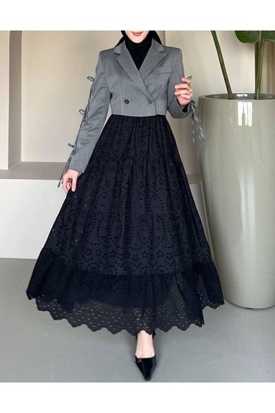 Modamorfo Scalloped Embroidered Folded Skirt -Black