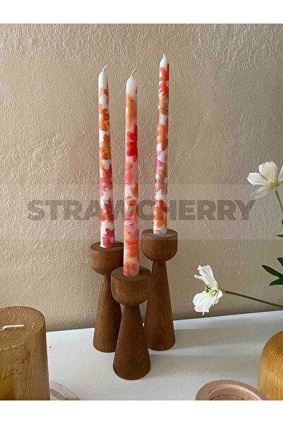Strawcherry Tekli Çok Renkli Papatya Desenli El Çizimi Şamdan Mumu