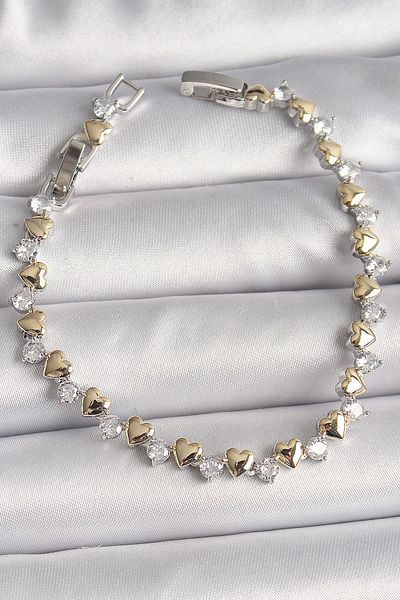 NEZADE STORE Brass Silver Color Zircon Stone Gold Heart Vip Series Women's Bracelet - Lisinya